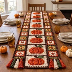 Op de afbeelding: Een lange, rechthoekige gehaakte tafelloper met een centrale rij vierkante panelen, elk met een textuurrijke oranje pompoen met een groen blaadje. De loper is omrand met granny squares en afgewerkt met decoratieve kwastjes.