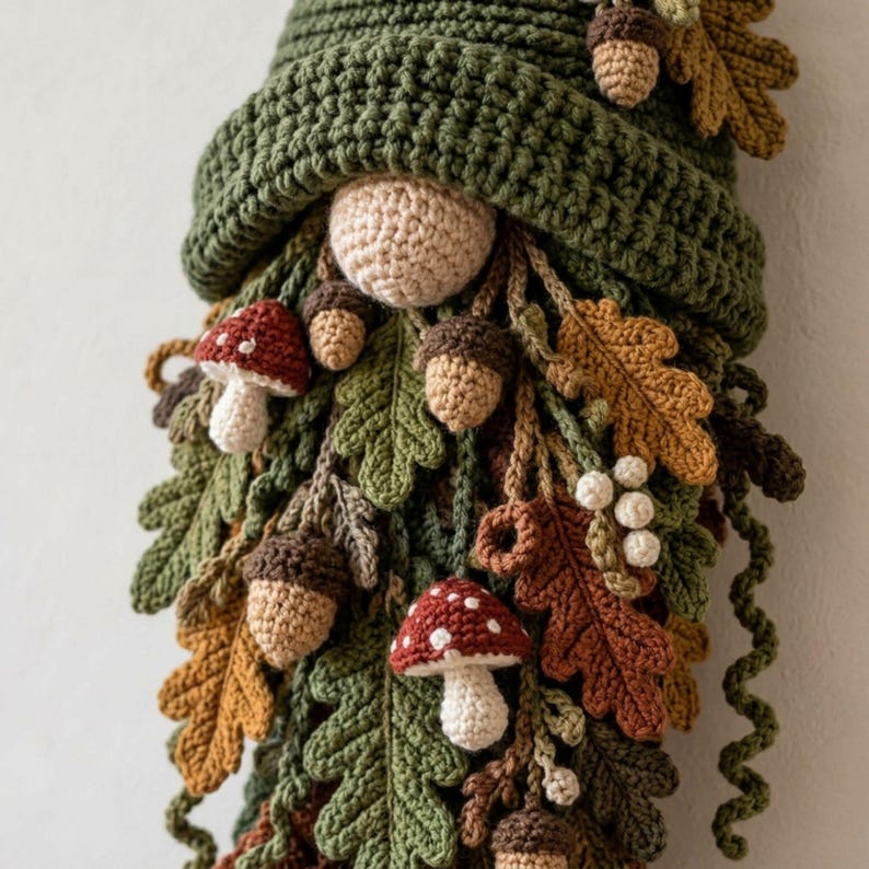 Gnome Wall Hanging Crochet Pattern PDF, Woodland Leaf Beard with Mushrooms & Acorns