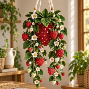 Puede incluir: Una planta colgante de ganchillo con una fresa central grande, varias fresas más pequeñas rojas y verde claro, hojas verde oscuro y pequeñas flores blancas con centro amarillo, suspendida por un cordón grueso de color crema.