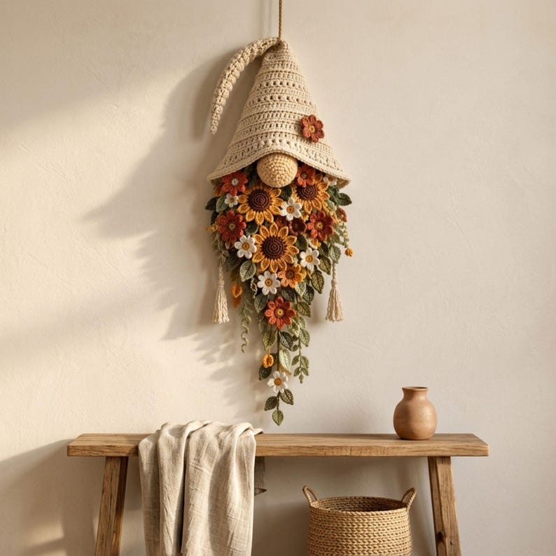 Crochet Gnome Wall Hanging Pattern PDF, Sunflower Floral Gnome Decor, Boho Botanical Wall Art, Instant Download