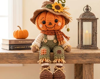 Pumpkin Scarecrow Crochet Pattern PDF, Fall Shelf Sitter Amigurumi, Autumn Farmhouse Decor