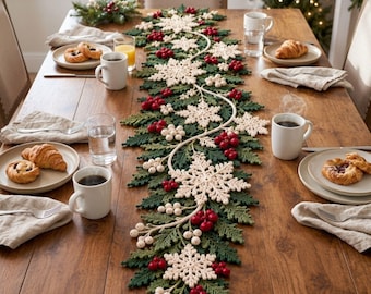 Christmas Crochet Table Runner Pattern PDF, Snowflake Leaves & Berries Holiday Table Decor, Winter Botanical Centerpiece