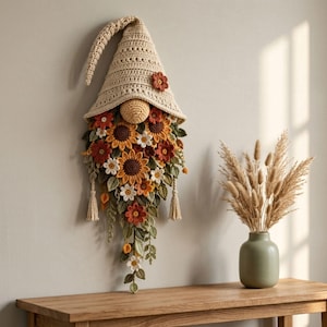 Crochet Gnome Wall Hanging Pattern PDF, Sunflower Floral Gnome Decor, Boho Botanical Wall Art, Instant Download