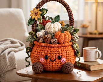 Crochet Pumpkin Basket Pattern PDF, Fall Harvest Centerpiece