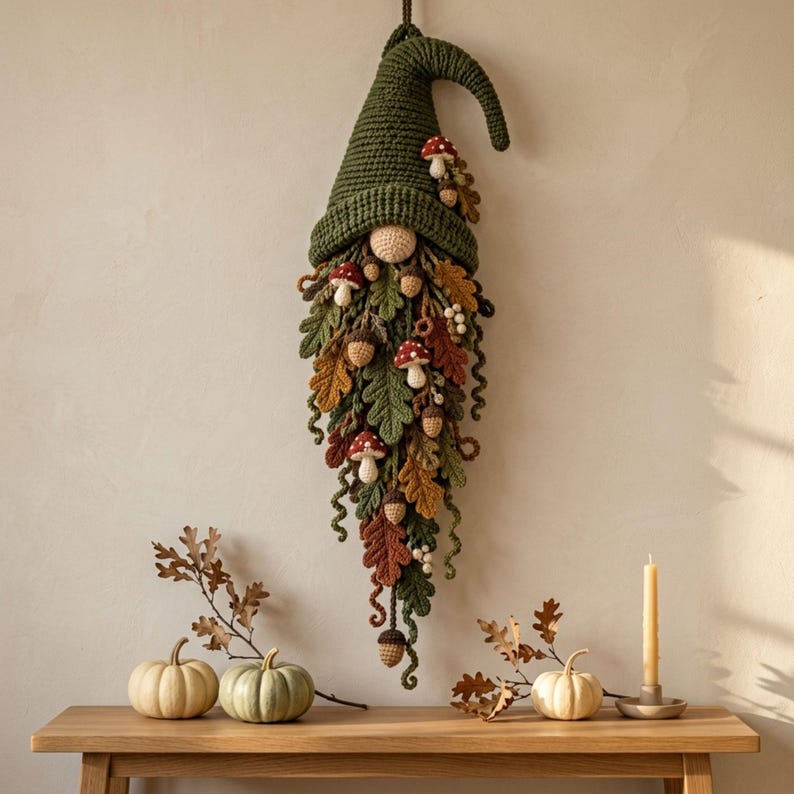Gnome Wall Hanging Crochet Pattern PDF, Woodland Leaf Beard with Mushrooms & Acorns