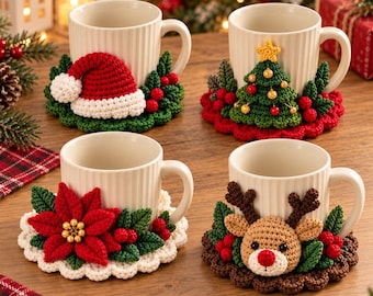 Christmas Crochet Coaster Pattern PDF, 4 Holiday Mug Coasters: Santa, Tree, Poinsettia & Reindeer