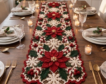 May include: A long, rectangular crochet table runner featuring a repeating pattern of red poinsettia flowers, green holly leaves, and white snowflakes. The design includes small red berries and candy cane motifs, finished with a scalloped red edge.