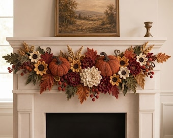 Crochet Fall Mantel Garland Pattern PDF, Pumpkin Floral Autumn Decor, Thanksgiving Fireplace Crochet