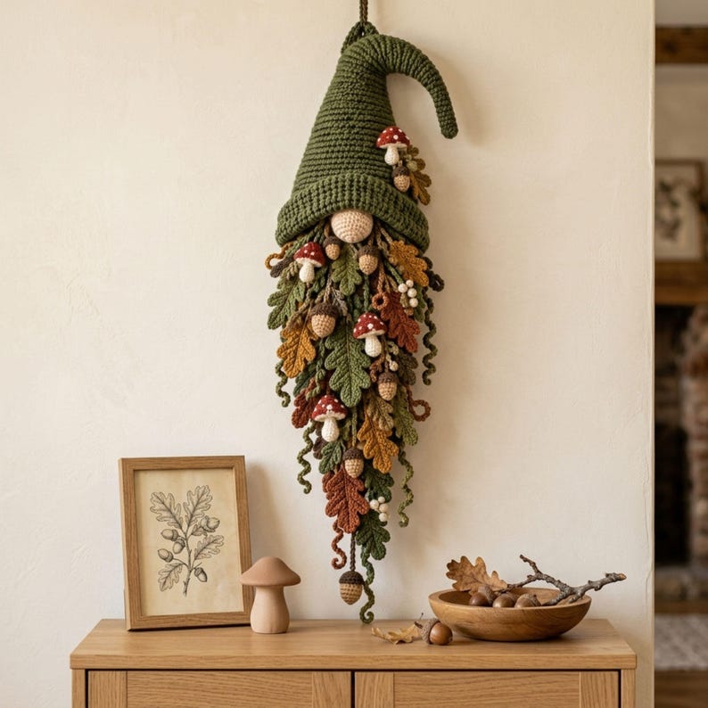 Gnome Wall Hanging Crochet Pattern PDF, Woodland Leaf Beard with Mushrooms & Acorns