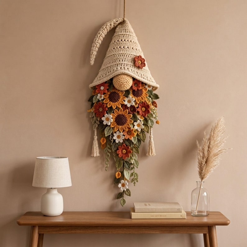 Crochet Gnome Wall Hanging Pattern PDF, Sunflower Floral Gnome Decor, Boho Botanical Wall Art, Instant Download