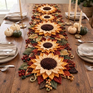 May include: A long, decorative table runner featuring a series of crocheted sunflowers in shades of yellow, orange, and brown, interspersed with crocheted autumn leaves and small berry clusters, arranged down the center of a wooden dining table.