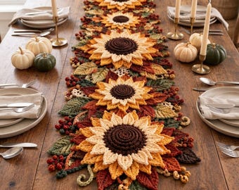 Crochet Sunflower Table Runner Pattern PDF, 3D Autumn Flowers, Farmhouse Fall Decor
