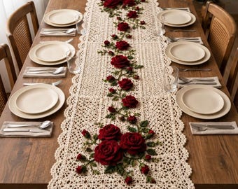 Crochet Rose Table Runner Pattern PDF, 3D Floral Lace Centerpiece, Romantic Dining Decor