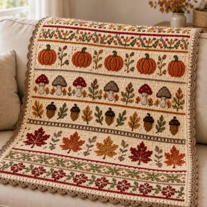 Autumn Crochet Blanket Pattern PDF, Fall Pumpkin Mushroom Acorn Throw, Cozy Woodland Afghan