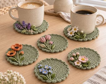Flower Coaster Crochet Pattern PDF, 6 Wildflower Designs, Scandinavian Floral Coaster Set, Instant Download