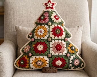 Crochet Christmas Tree Pillow Pattern PDF, Granny Square Holiday Cushion, Festive Home Decor, Digital Download