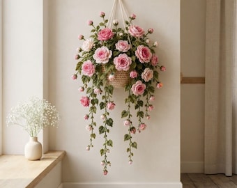 Crochet Hanging Flower Basket Pattern, Rose Wall Planter PDF, Cascading Botanical Decor