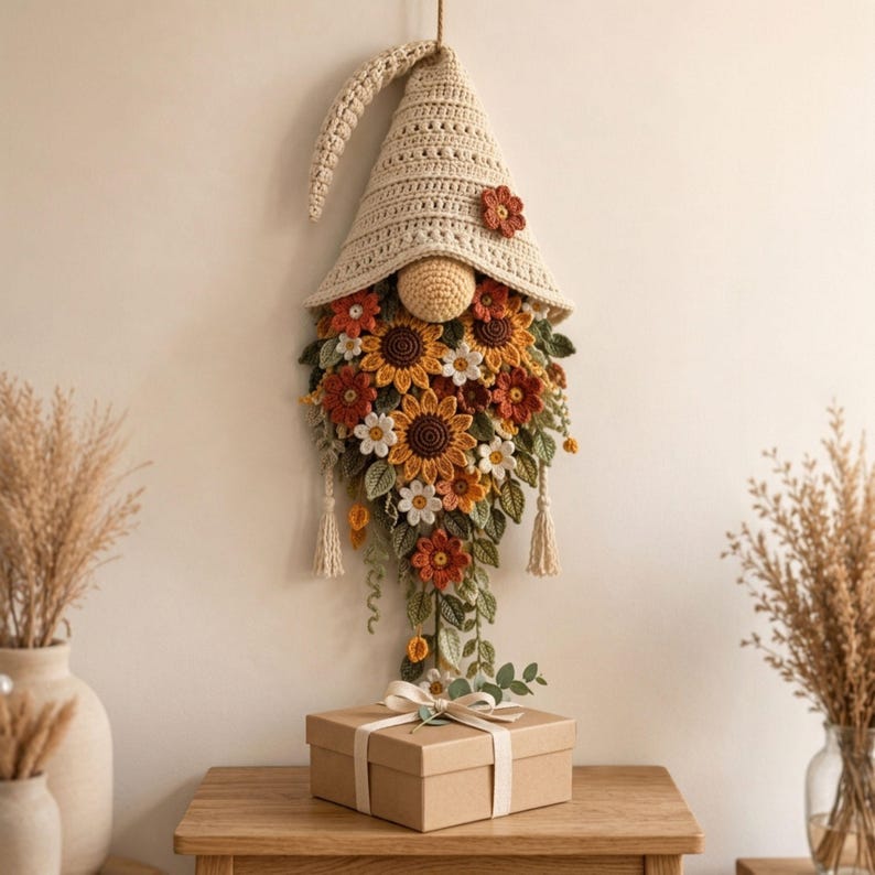 Crochet Gnome Wall Hanging Pattern PDF, Sunflower Floral Gnome Decor, Boho Botanical Wall Art, Instant Download