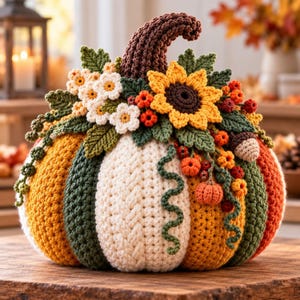 May include: A decorative crochet pumpkin featuring alternating vertical panels in cream, yellow, and dark green. The top is adorned with a brown crochet stem, a large yellow sunflower, white flowers, green leaves, small orange berries, and a tiny acorn.
