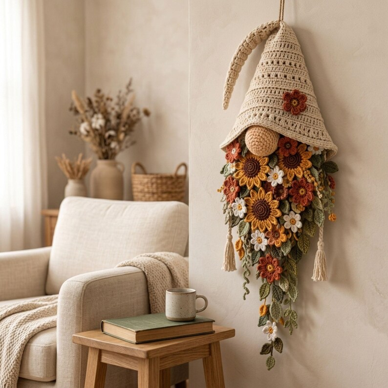Crochet Gnome Wall Hanging Pattern PDF, Sunflower Floral Gnome Decor, Boho Botanical Wall Art, Instant Download