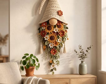 Crochet Gnome Wall Hanging Pattern PDF, Sunflower Floral Gnome Decor, Boho Botanical Wall Art, Instant Download