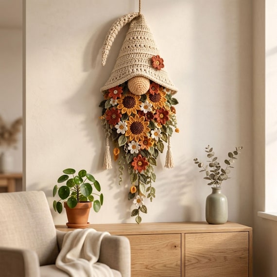 Crochet Gnome Wall Hanging Pattern PDF, Sunflower Floral Gnome Decor, Boho Botanical Wall Art, Instant Download