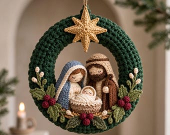Crochet Nativity Wreath Pattern PDF, Holy Family Christmas Decor