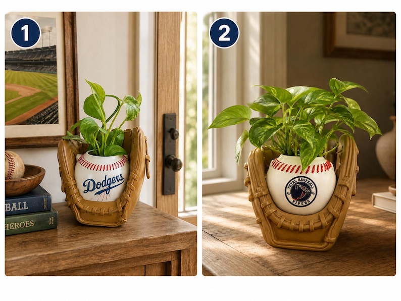 May include: A tan baseball glove shaped planter holding a green plant, featuring a white baseball with red stitching in the center. The first planter displays the blue Dodgers logo, while the second planter features a circular Total Baseball Vipers logo.
