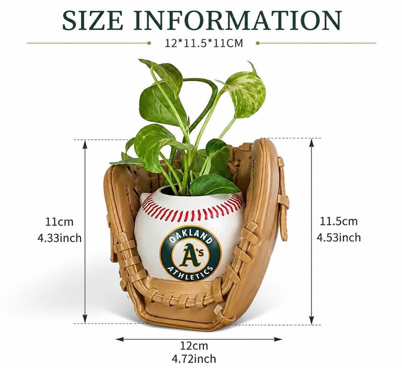 May include: A tan baseball glove planter holding a white baseball-shaped pot with red stitching and the Oakland Athletics logo. The dimensions are 12 inches by 11.5 inches by 11 inches, with a height of 4.33 inches to 4.53 inches and width of 4.72 inches.