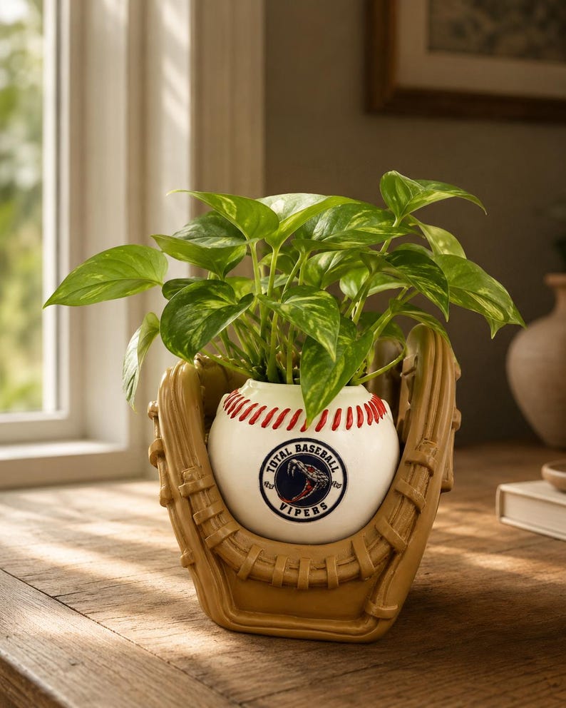 May include: A tan baseball glove-shaped planter holding a white ceramic baseball with red stitching. The baseball features a circular logo with a snake graphic and the text Total Baseball Vipers. A green leafy plant grows from the top of the ball.