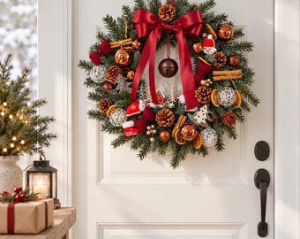 Peut inclure: Une couronne de Noël circulaire faite de branches de pin vertes, décorée d'un grand nœud en satin rouge, de pommes de pin brunes, de bâtons de cannelle, de tranches d'orange séchées, d'ornements en cuivre métallisé et de petites chaussettes rouges.