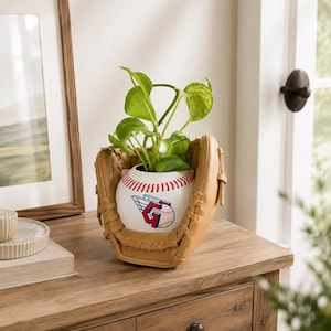 Peut inclure: Un pot de fleurs en forme de gant de baseball beige contenant une plante verte. Le pot présente un motif de balle de baseball blanche avec des coutures rouges et un logo G ailé bleu et rouge. Le gant possède des lacets et une texture détaillés.