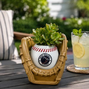 May include: A tan ceramic baseball glove planter holding a green succulent. The center features a white baseball with red stitching and a circular logo that reads Total Baseball Vipers with a snake graphic in the center of the emblem.