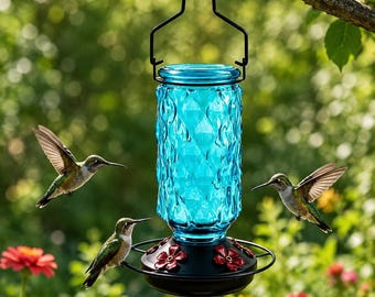 Textured Glass Hummingbird Feeder, Floral Ports, Ant Moat (23oz)