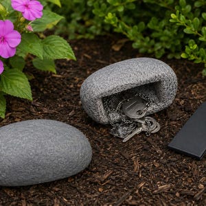 May include: Two grey, smooth, oval-shaped stone-like containers. One container is solid, while the other features a hollow rectangular compartment containing a metal keyring with multiple keys. A black rectangular remote is placed nearby.