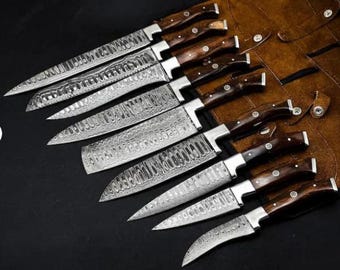 Juego de cuchillos de chef de acero de Damasco de 9 piezas, hechos a mano con mangos de madera – Cuchillos de cocina profesionales