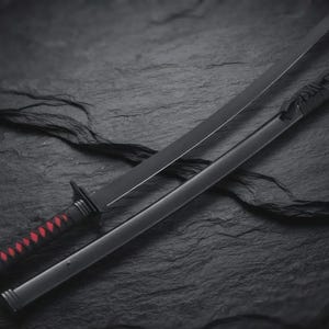 Può includere: Una spada katana nera con lama dritta e impugnatura avvolta da un cordino nero su una base rossa. La spada è accompagnata da un fodero nero abbinato, caratterizzato da un avvolgimento in cordino nero vicino alla parte superiore e un piccolo anello metallico all'estremità.