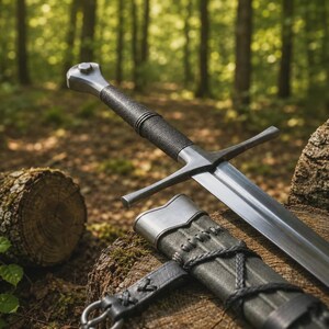 Può includere: Una spada in metallo argentato con un'impugnatura scura e testurizzata e una guardia dritta. La lama è lunga e affusolata, appoggiata vicino a un fodero in pelle scura con intrecci complessi e una finitura metallica sull'apertura.