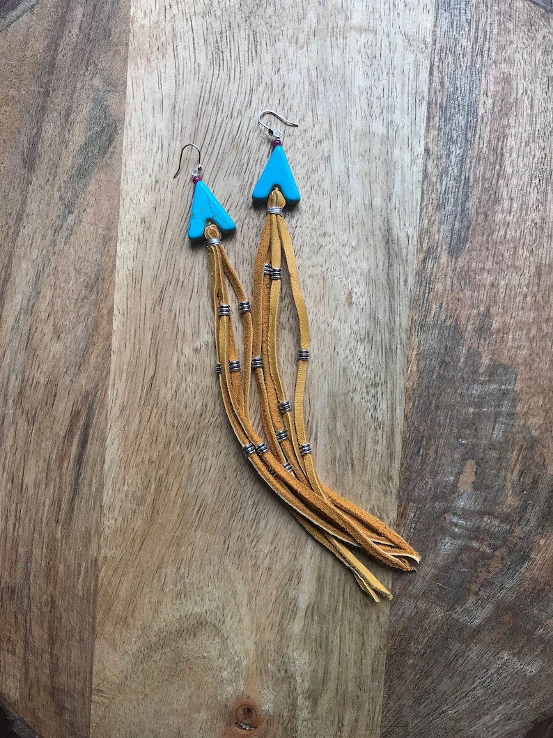 Long Leather Earrings Tribal Earrings Turquoise Earrings Leather Jewelry Wire Wrapped