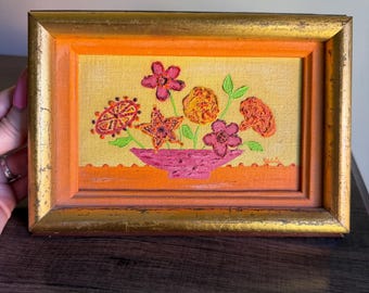 Vtg Signed 1960s Original Flower Art Bouquet Painting Crewel Embroidery Style