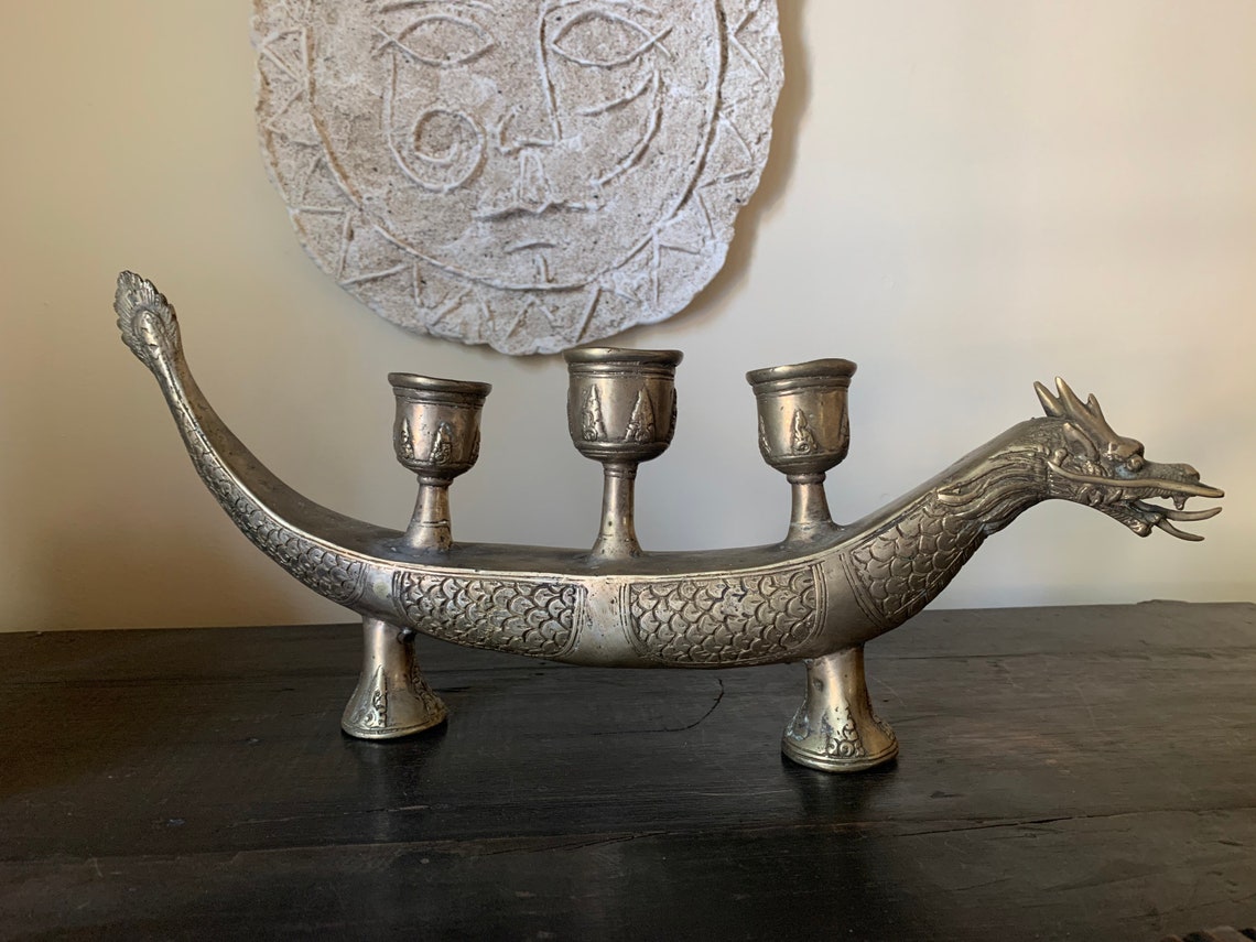 Vintage Brass Dragon Candelabra Candleholder Folk Art Etsy