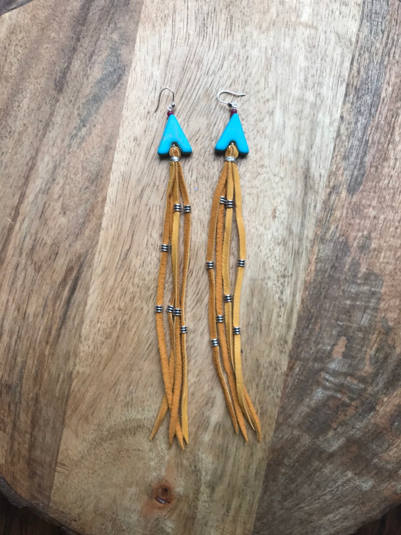 Long Leather Earrings Tribal Earrings Turquoise Earrings Leather Jewelry Wire Wrapped