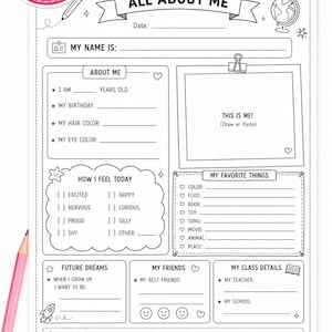 Op de afbeelding: Een zwart-wit printbaar All About Me werkblad met secties voor persoonlijke gegevens, gevoelens, favoriete dingen, toekomstplannen en klasinformatie, voorzien van illustraties van een wereldbol, potlood, raket en boeken.