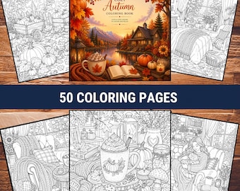May include: A colouring book titled Cozy Autumn Colouring Book featuring 50 colouring pages with illustrations of pumpkins, cosy indoor scenes, warm beverages, and autumn foliage. The cover displays a vibrant landscape with a cabin and lake.