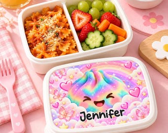 Lonchera Kawaii personalizada, recipiente para comida con forma de dumpling arcoíris y nombre personalizado, lonchera linda con mariposas y corazones pastel para niños.