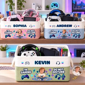 Personalized Gaming Storage Basket, Custom Name & Photo Gamer Toy Organizer, Controller Headset Video Game Storage Bin for Kids