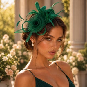 Op de afbeelding: Een donker smaragdgroene fascinator-hoofdtooi met een cirkelvormige basis en een spiraalvormig midden, versierd met rechtopstaande veren en delicate lussen. De hoofdtooi is aan de zijkant van het haar bevestigd en toont een levendig, monochroom groen ontwerp.