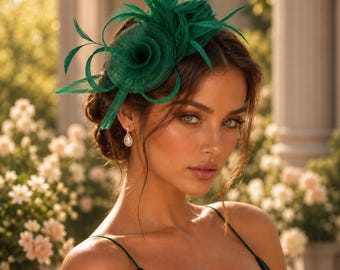 Green Feather Fascinator Hat, Wedding Guest Headpiece, Kentucky Derby Hat, Tea Party Hat, Church Fascinator, Race Day Headwear