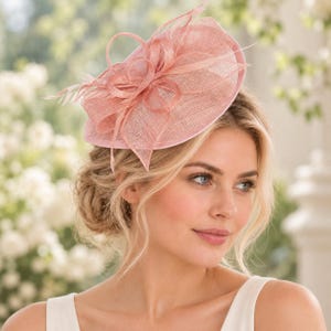 Könnte beinhalten: Ein altrosa Fascinator mit einer kreisförmigen Basis aus gewebtem Material, verziert mit einer zentralen dekorativen Schleife und zarten, federartigen Akzenten, die nach oben ragen. Der Kopfschmuck ist mit einem glatten, abgerundeten Rand versehen.