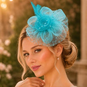 Op de afbeelding: Een fel turquoise fascinator met gelaagde gaasstof, een centraal bloemvormig accent, kleine witte parelachtige kraaltjes en een enkele rechtopstaande veer. Het accessoire is gemaakt van doorschijnend netmateriaal met een stippenpatroon.